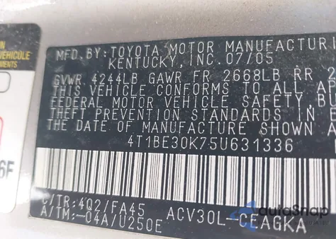 2005 Toyota Camry Xle z USA, uszkodzony, nr VIN 4T1BE30K75U631336